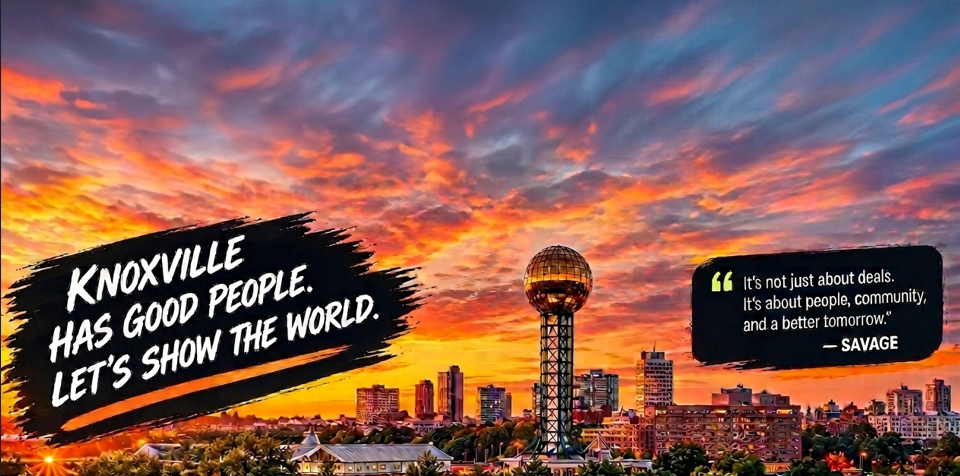 Knoxville skyline and Sunsphere beneath an orange sunset. Knoxville has good people. Let’s show the world. Savage: It’s not just about deals. It’s about people, community, and a better tomorrow.