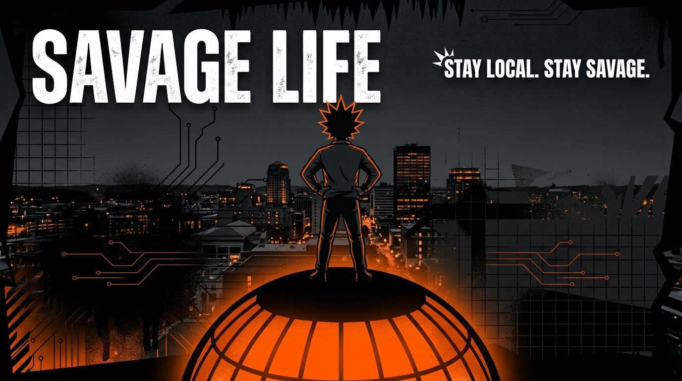Savage stands above Knoxville on the glowing orange Sunsphere, facing the nighttime skyline amid circuit patterns. Savage Life. Stay local. Stay savage.